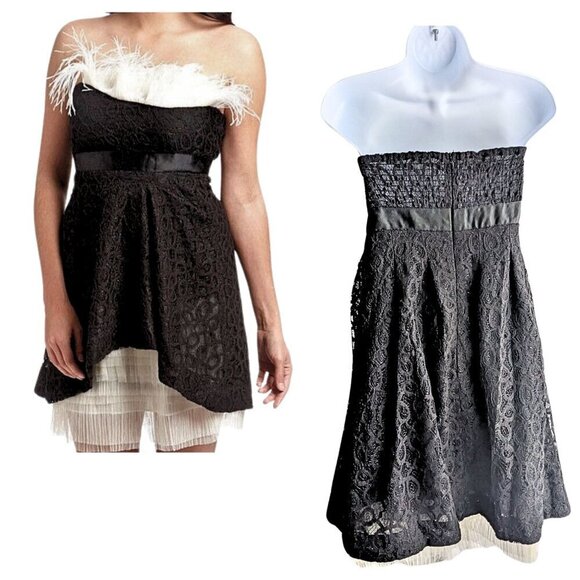 NWT RYU Black & White Feather Fringe Strapless Lace Roaring 20s Mini Dress Sz L - Picture 9 of 10